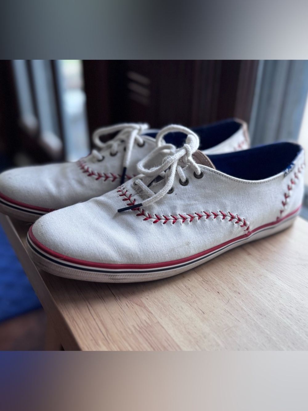 White Canvas Lace-Up Keds with Red Baseball Stitching